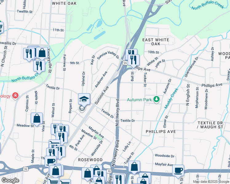 map of restaurants, bars, coffee shops, grocery stores, and more near 1607 North O.Henry Boulevard in Greensboro