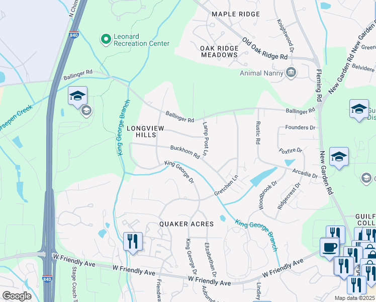 map of restaurants, bars, coffee shops, grocery stores, and more near 6107 Buckhorn Road in Greensboro