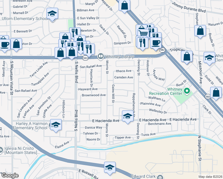 map of restaurants, bars, coffee shops, grocery stores, and more near 5109 Gains Mill Street in Las Vegas