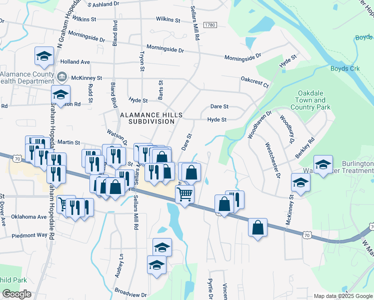 map of restaurants, bars, coffee shops, grocery stores, and more near 321 Dare Street in Burlington