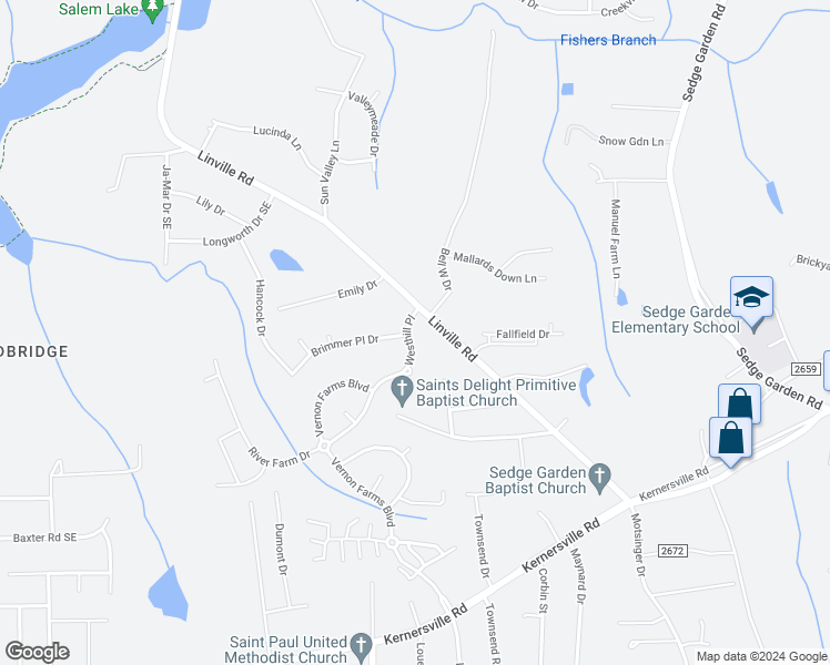 map of restaurants, bars, coffee shops, grocery stores, and more near 4556 Westhill Place in Kernersville