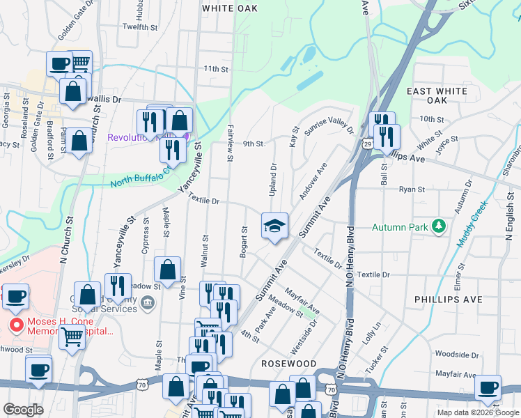 map of restaurants, bars, coffee shops, grocery stores, and more near 1417 Bogart Street in Greensboro