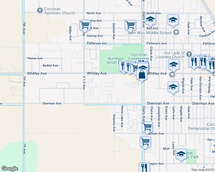 map of restaurants, bars, coffee shops, grocery stores, and more near Denton Avenue in Corcoran