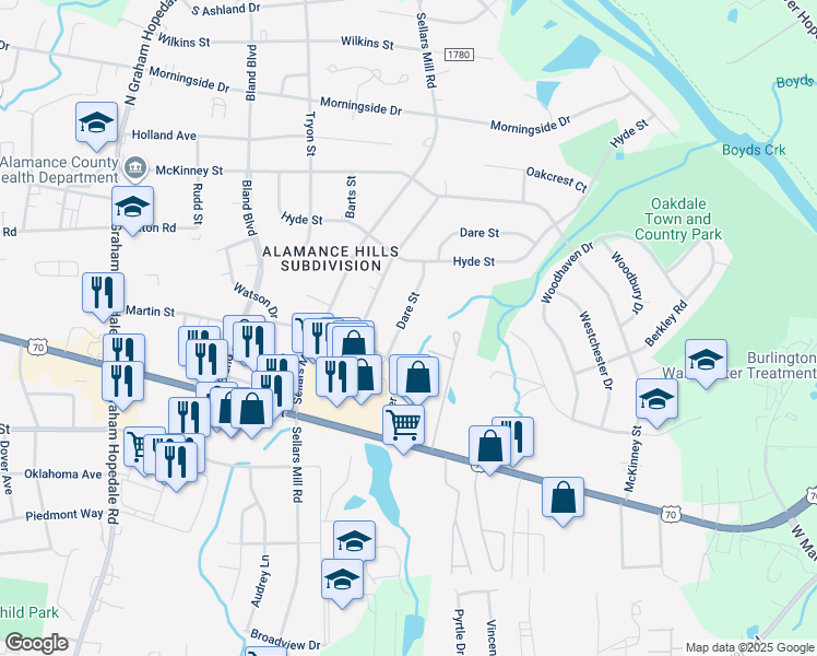 map of restaurants, bars, coffee shops, grocery stores, and more near 321 Dare Street in Burlington