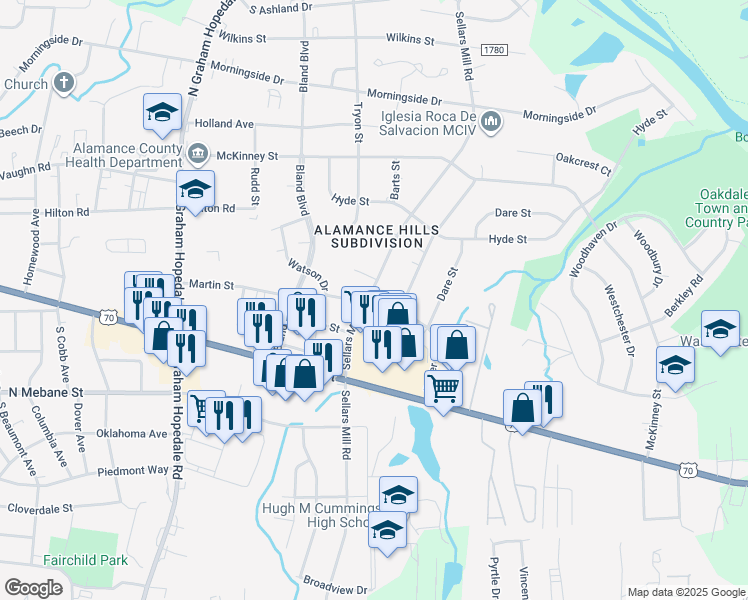 map of restaurants, bars, coffee shops, grocery stores, and more near 215 Sellars Mill Road in Burlington