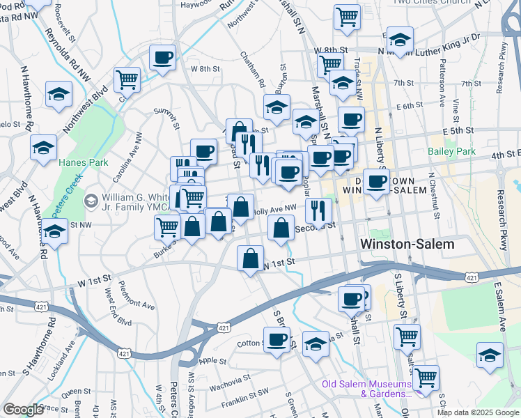 map of restaurants, bars, coffee shops, grocery stores, and more near 301 North Spring Street in Winston-Salem