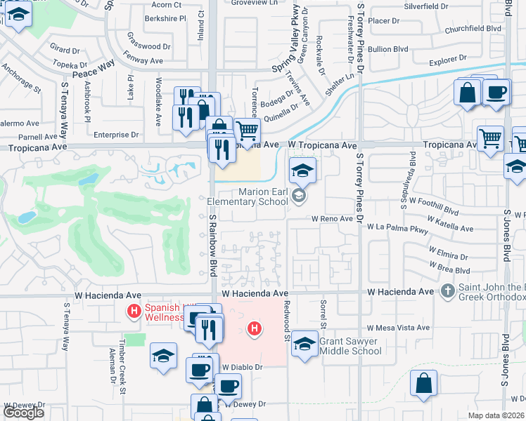 map of restaurants, bars, coffee shops, grocery stores, and more near 5058 South Rainbow Boulevard in Las Vegas