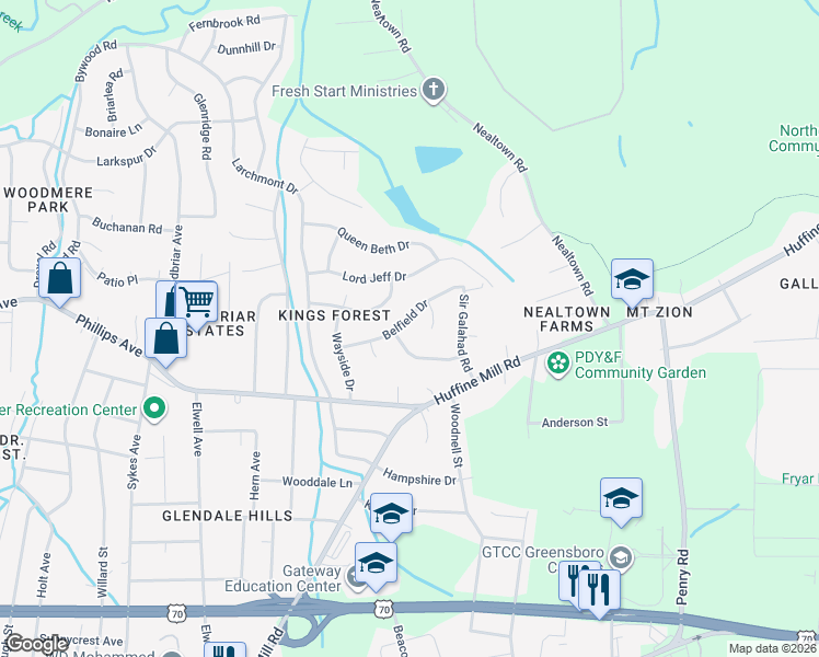 map of restaurants, bars, coffee shops, grocery stores, and more near 4305 King Arthur Place in Greensboro