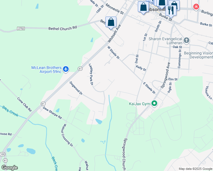 map of restaurants, bars, coffee shops, grocery stores, and more near 1004 Lashley Park Drive in Gibsonville