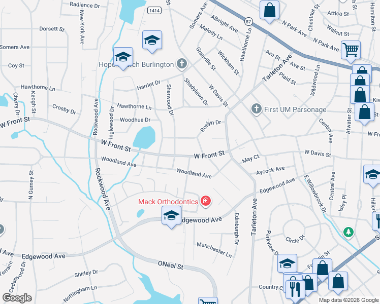 map of restaurants, bars, coffee shops, grocery stores, and more near 1618 West Front Street in Burlington