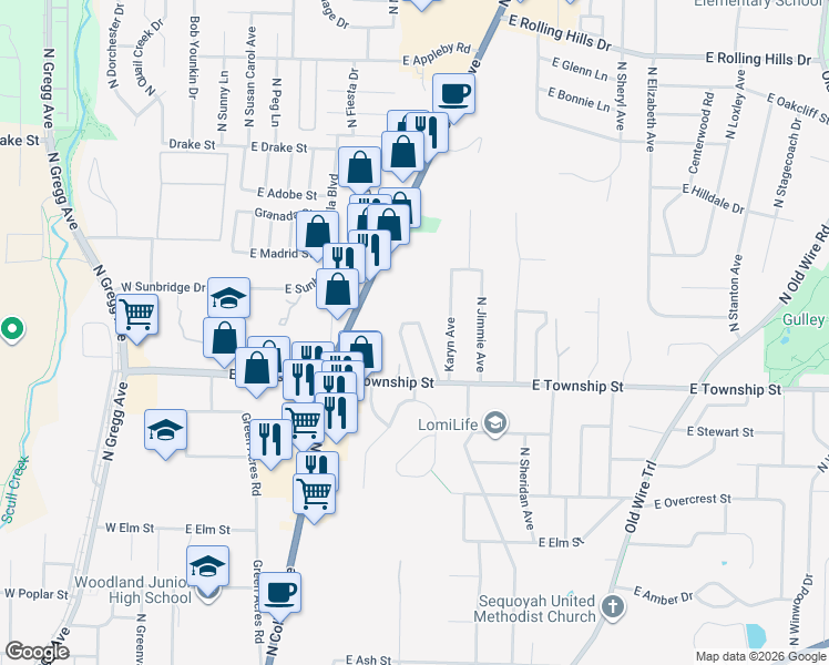 map of restaurants, bars, coffee shops, grocery stores, and more near 2489 North Brophy Avenue in Fayetteville