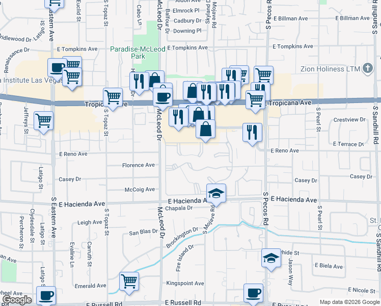 map of restaurants, bars, coffee shops, grocery stores, and more near 3147 Key Largo Drive in Las Vegas
