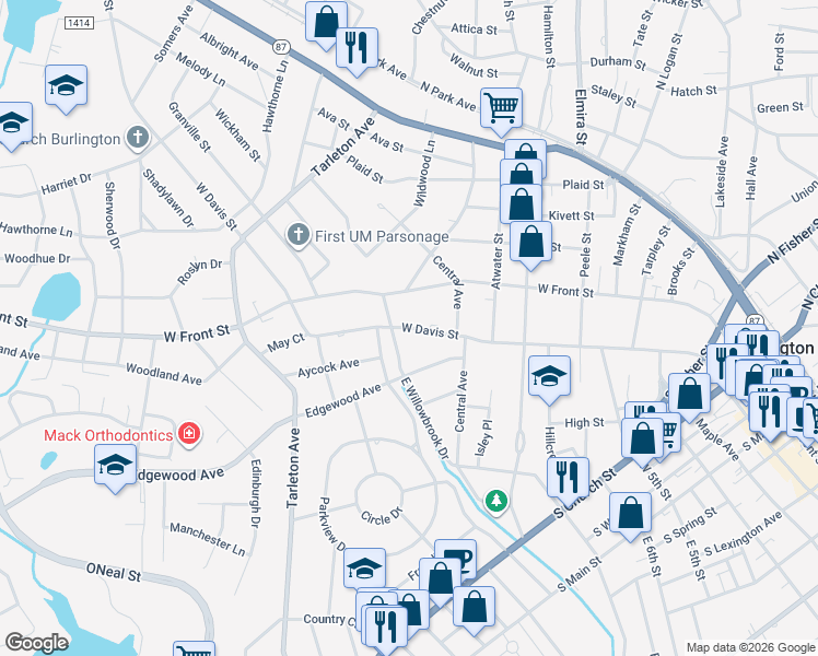 map of restaurants, bars, coffee shops, grocery stores, and more near West Davis Street in Burlington