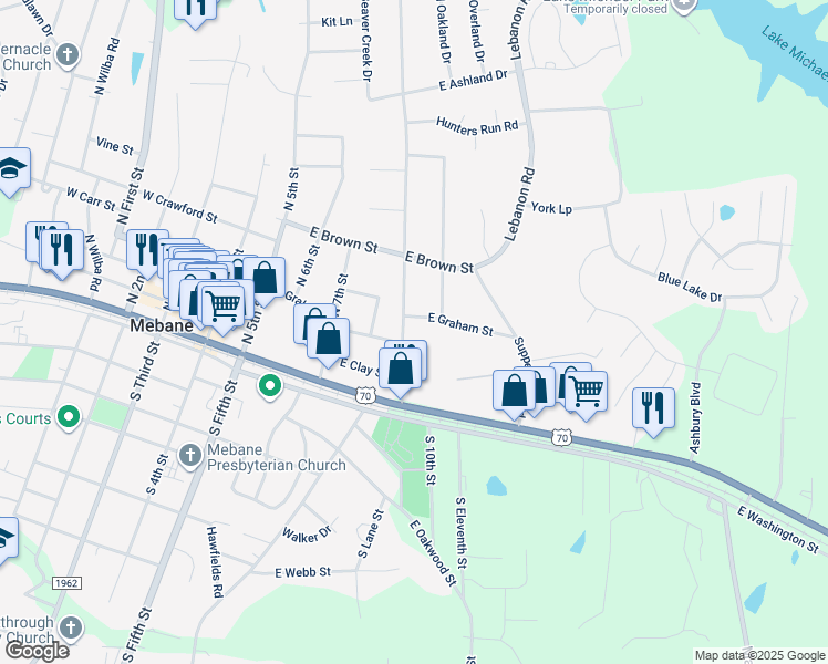 map of restaurants, bars, coffee shops, grocery stores, and more near 118 North 9th Street in Mebane