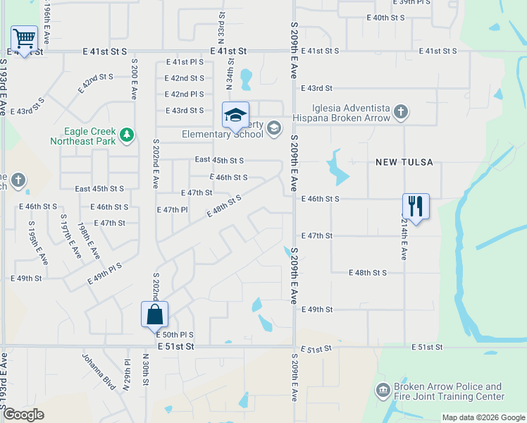 map of restaurants, bars, coffee shops, grocery stores, and more near 4411 North 35th Street in Broken Arrow