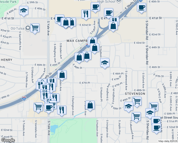 map of restaurants, bars, coffee shops, grocery stores, and more near 4626 South Granite Avenue in Tulsa
