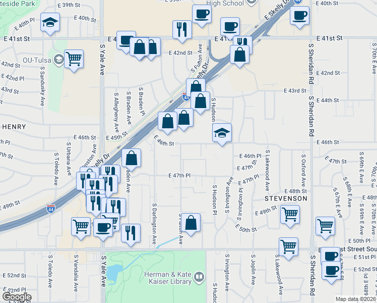 map of restaurants, bars, coffee shops, grocery stores, and more near 5526 East 46th Street in Tulsa