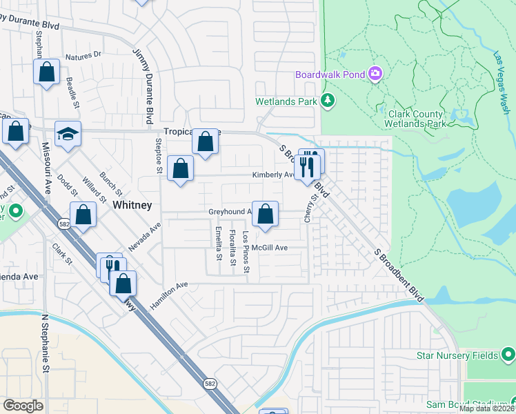 map of restaurants, bars, coffee shops, grocery stores, and more near 5150 Los Pinos Street in Las Vegas