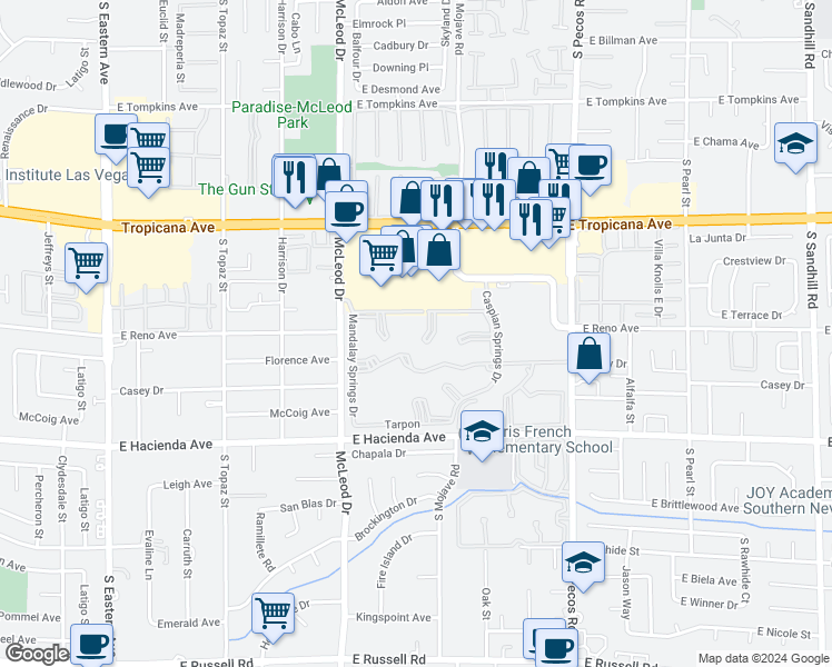 map of restaurants, bars, coffee shops, grocery stores, and more near 3147 Key Largo Drive in Las Vegas