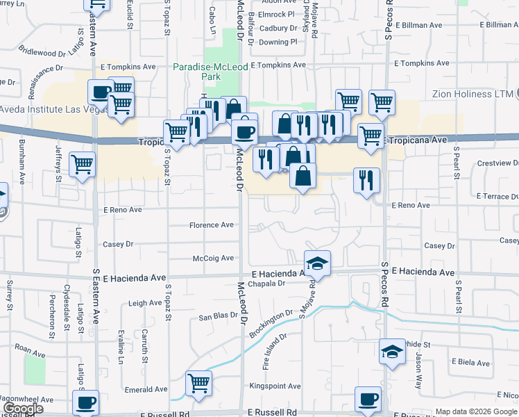 map of restaurants, bars, coffee shops, grocery stores, and more near 3044 Casey Drive in Las Vegas