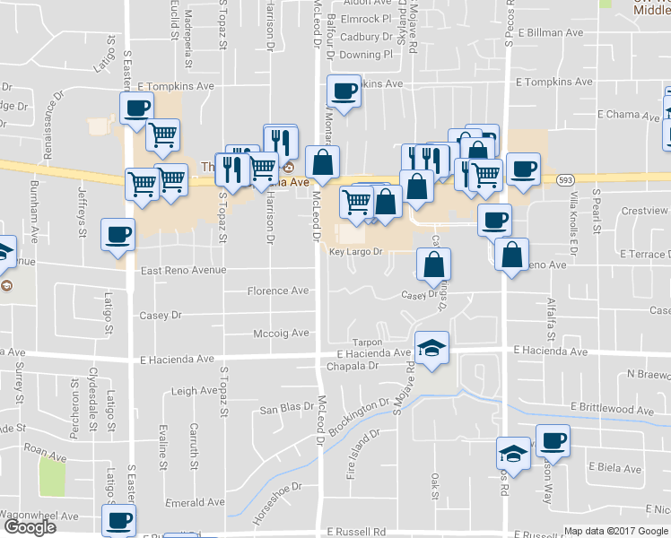 map of restaurants, bars, coffee shops, grocery stores, and more near 5114 Mandalay Springs Drive in Las Vegas