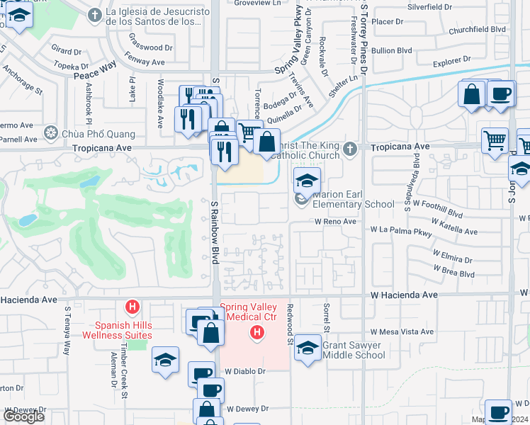 map of restaurants, bars, coffee shops, grocery stores, and more near 5066 South Rainbow Boulevard in Las Vegas