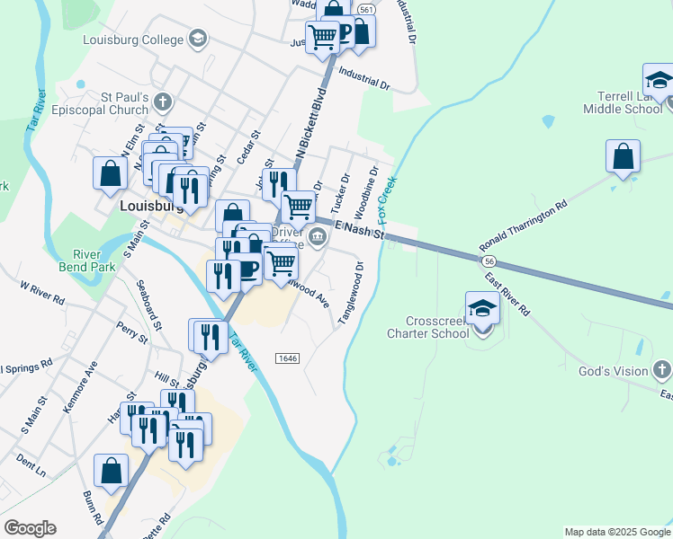 map of restaurants, bars, coffee shops, grocery stores, and more near Redwood Lane in Louisburg