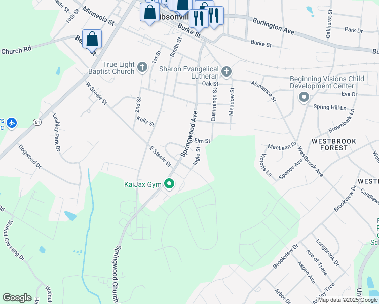 map of restaurants, bars, coffee shops, grocery stores, and more near 824 Ingle Street in Gibsonville