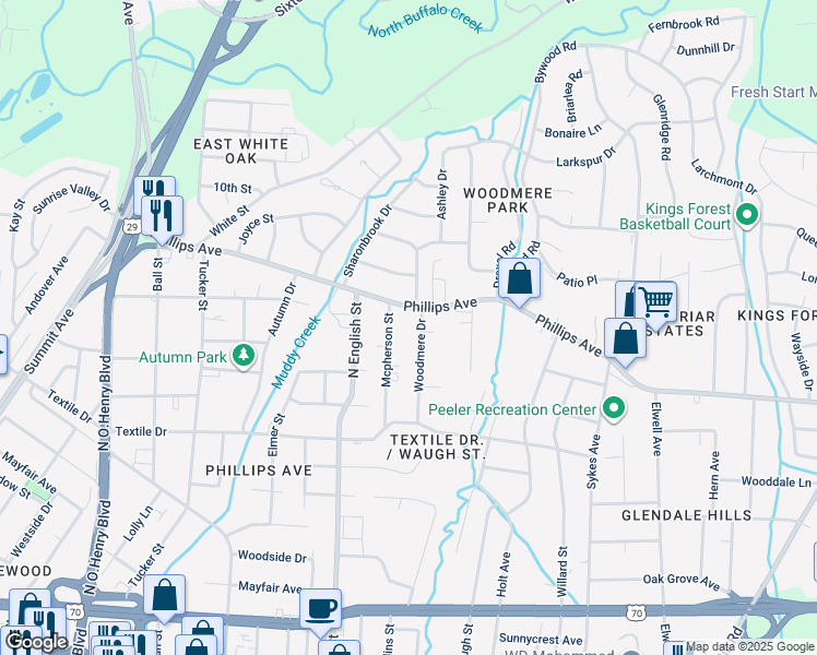 map of restaurants, bars, coffee shops, grocery stores, and more near 1509 Woodmere Drive in Greensboro