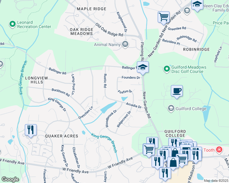 map of restaurants, bars, coffee shops, grocery stores, and more near 1217 Foxfire Drive in Greensboro