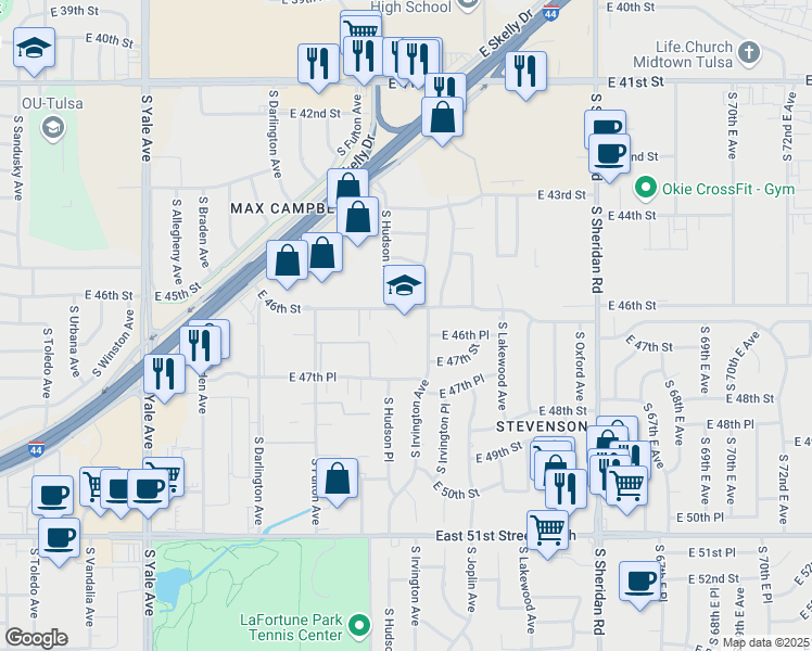 map of restaurants, bars, coffee shops, grocery stores, and more near 4630 South Irvington Avenue in Tulsa