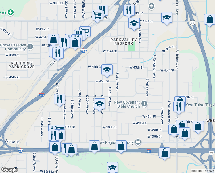 map of restaurants, bars, coffee shops, grocery stores, and more near 4635 South 27th West Avenue in Tulsa