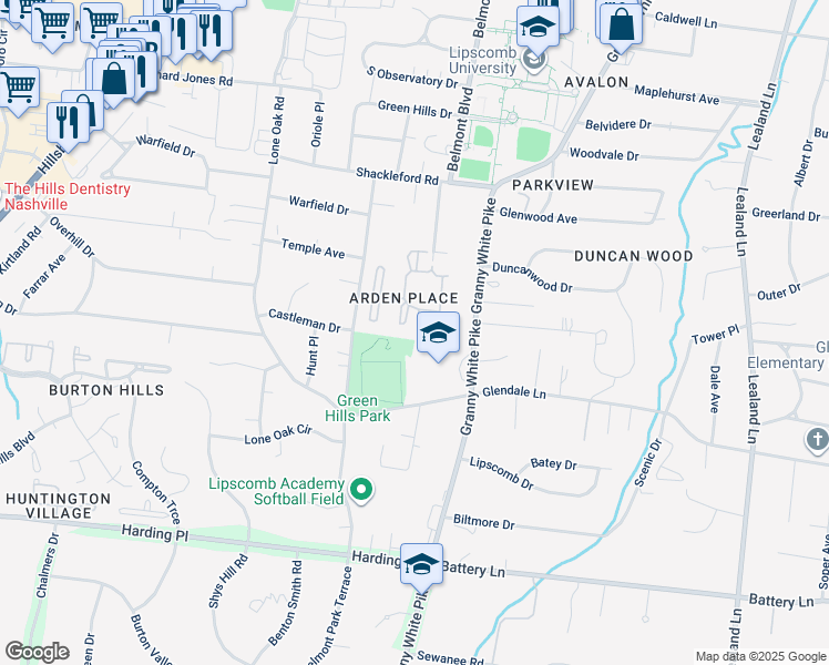 map of restaurants, bars, coffee shops, grocery stores, and more near 4400 Belmont Park Terrace in Nashville