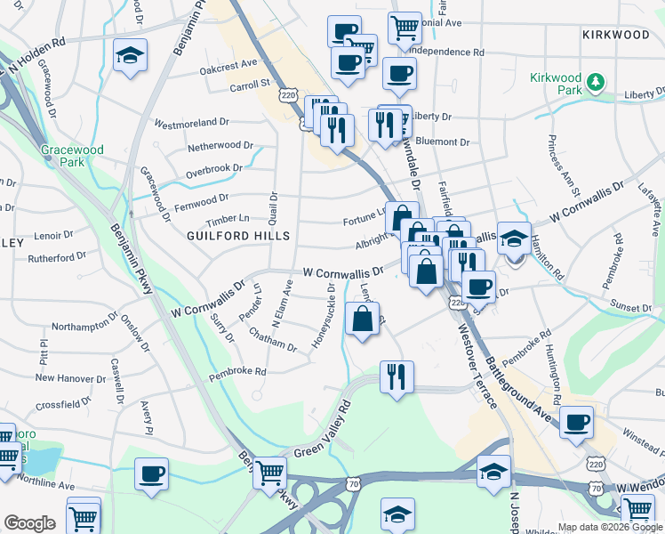 map of restaurants, bars, coffee shops, grocery stores, and more near 2327 West Cornwallis Drive in Greensboro