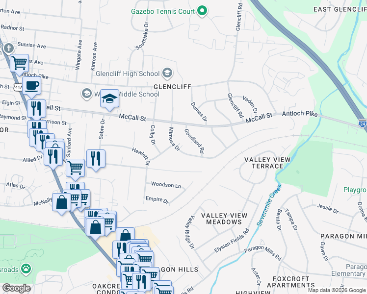 map of restaurants, bars, coffee shops, grocery stores, and more near 3343 Mimosa Drive in Nashville