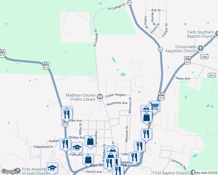 map of restaurants, bars, coffee shops, grocery stores, and more near 901 Acorn Street in Huntsville