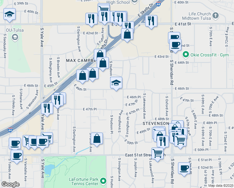map of restaurants, bars, coffee shops, grocery stores, and more near 4620 South Irvington Avenue in Tulsa