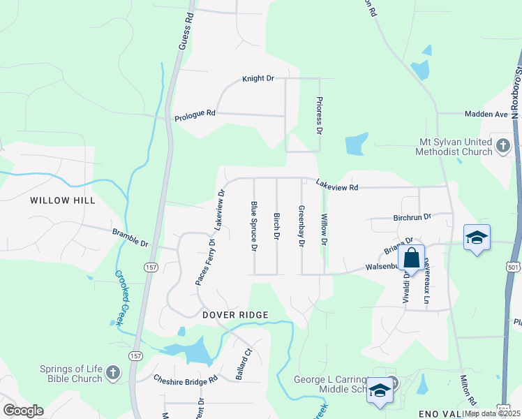 map of restaurants, bars, coffee shops, grocery stores, and more near 5710 Blue Spruce Drive in Durham