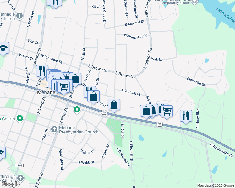 map of restaurants, bars, coffee shops, grocery stores, and more near 118 North 9th Street in Mebane