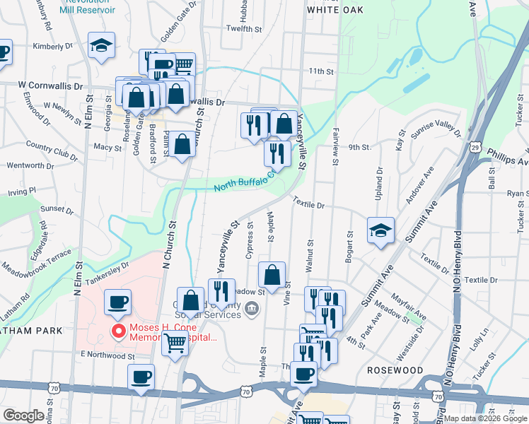 map of restaurants, bars, coffee shops, grocery stores, and more near 1505 Maple Street in Greensboro