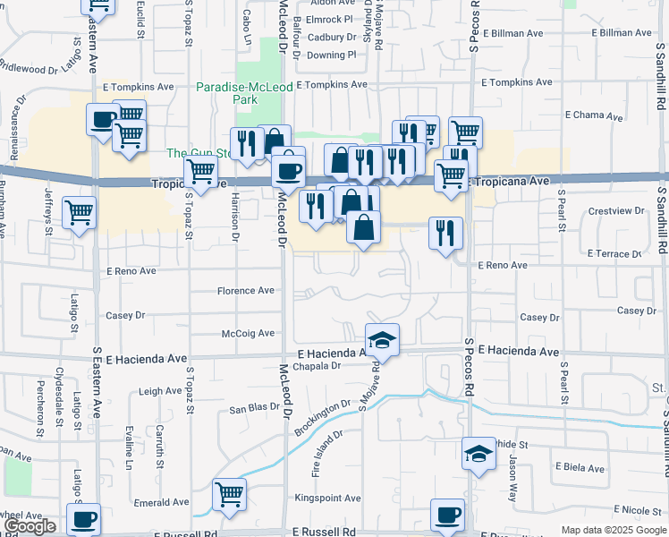 map of restaurants, bars, coffee shops, grocery stores, and more near 3071 Key Largo Drive in Las Vegas