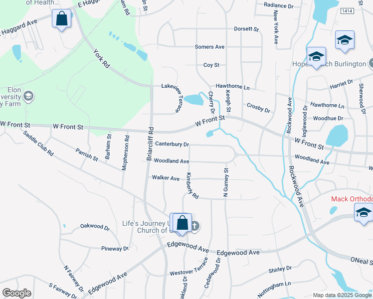 map of restaurants, bars, coffee shops, grocery stores, and more near 2213 Woodland Avenue in Burlington