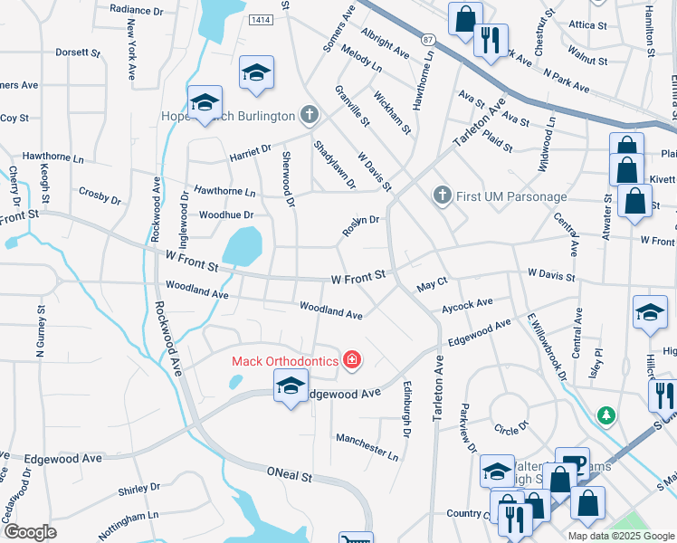 map of restaurants, bars, coffee shops, grocery stores, and more near 1300 Warwick Drive in Burlington