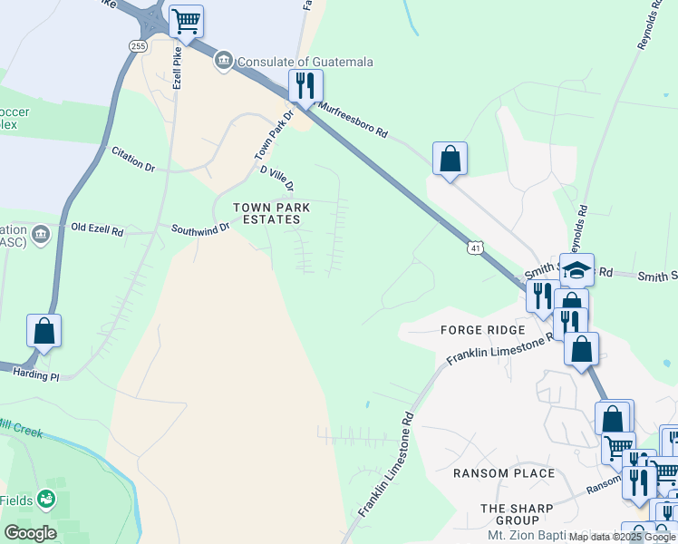 map of restaurants, bars, coffee shops, grocery stores, and more near 350 Ladybird Drive in Nashville