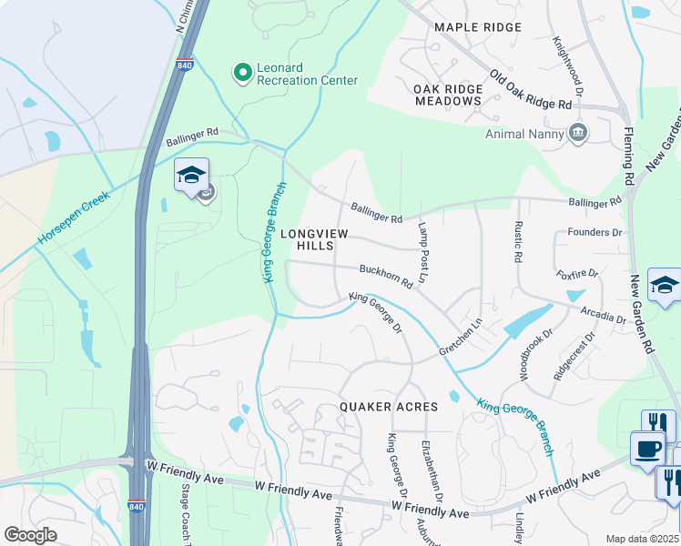 map of restaurants, bars, coffee shops, grocery stores, and more near 1004 Wakefield Drive in Greensboro