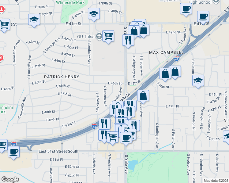 map of restaurants, bars, coffee shops, grocery stores, and more near 4644 South Winston Avenue in Tulsa