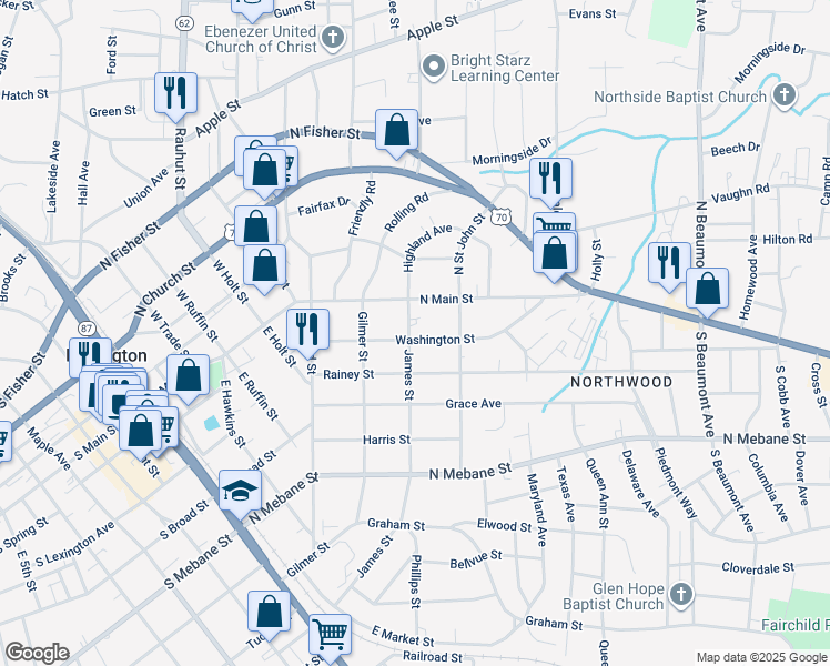 map of restaurants, bars, coffee shops, grocery stores, and more near 902 Washington Street in Burlington
