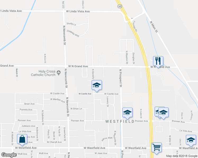 map of restaurants, bars, coffee shops, grocery stores, and more near 1692 North Beverly Street in Porterville