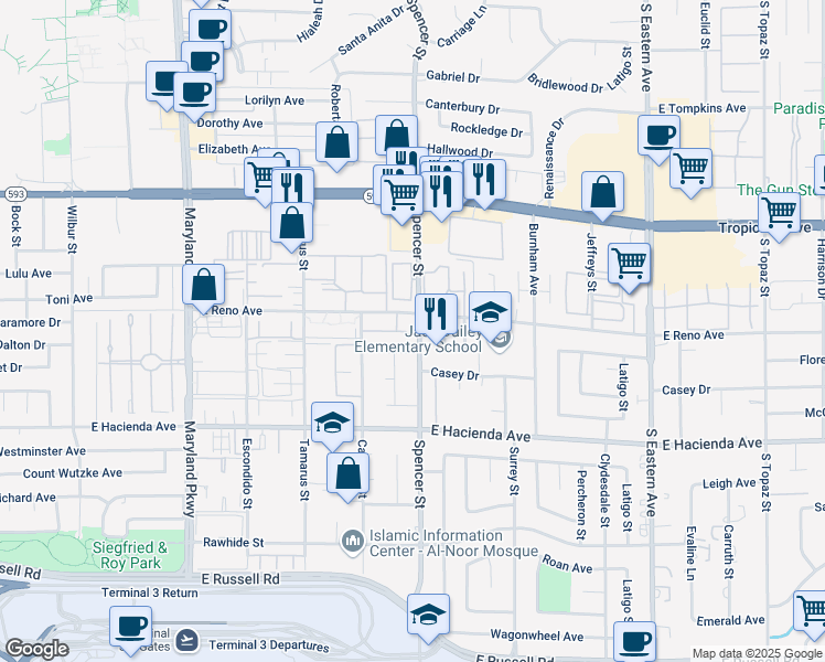 map of restaurants, bars, coffee shops, grocery stores, and more near 1751 East Reno Avenue in Las Vegas