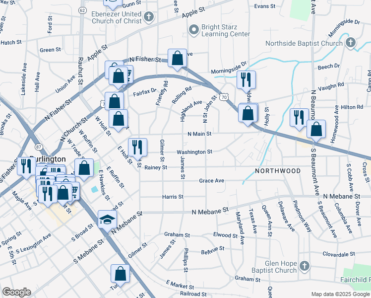 map of restaurants, bars, coffee shops, grocery stores, and more near 902 Washington Street in Burlington